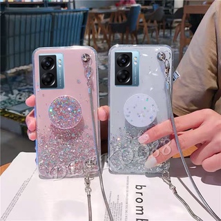 เคสโทรศัพท์มือถือ OPPO A77 5G / A57 4G Smartphone Casing Chain Strap With Stand Holder Phone Cell Case Back Cover Glitter Star TPU Softcase OPPOA57 OPPOA77