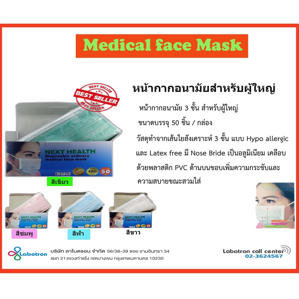 Next Health หน้ากากอนามัย 3 ชั้น สำหรับผู้ใหญ่ (Medical Face Mask)
