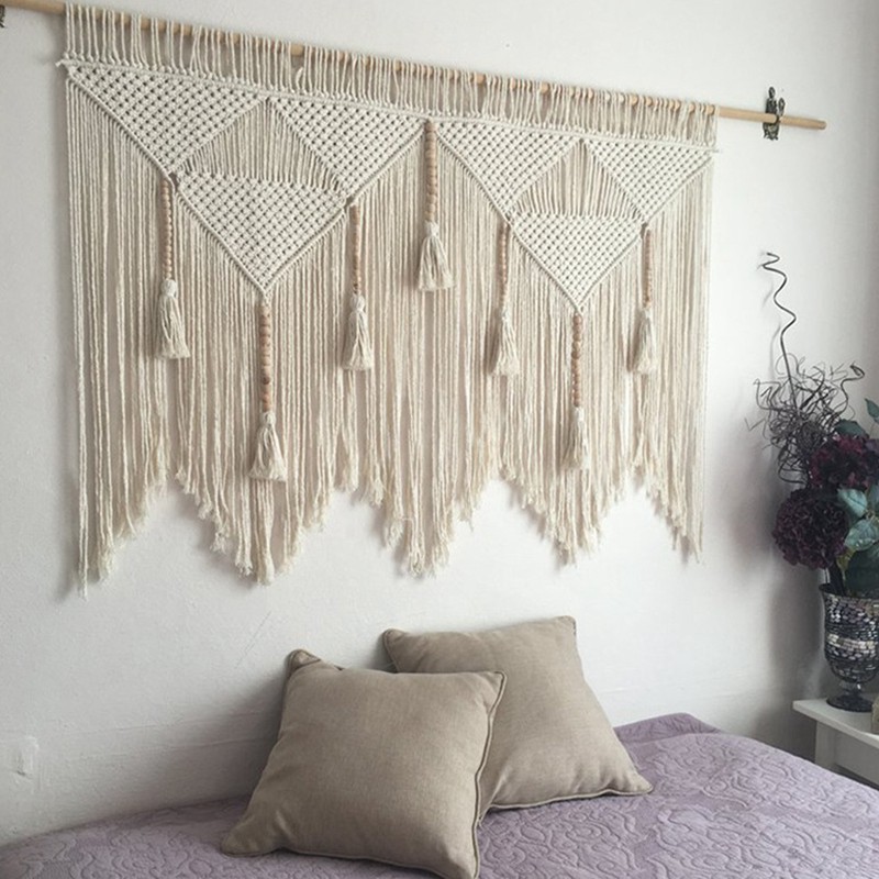 macrame เชือกทอผ้าฝ้ายสไตล์โบฮีเมียน boho สีขาวครีมสําหรับแขวนตกแต่งบ้าน