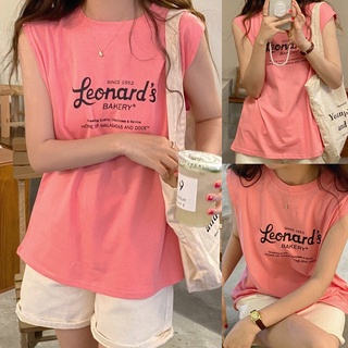 Korean🧧 เสื้อยืดสกรีนลาย Leonards คอกลมแขนกุด สีชมพู