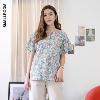 เสื้อแขนระบายลายดอกมีกระดุมหลัง(ฟ้า)