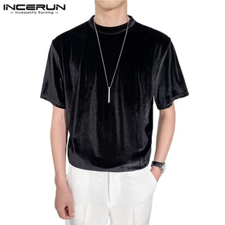 Incerun เสื้อยืดลำลอง แขนสั้น คอกลม ผ้ากำมะหยี่ สีพื้น ทรงหลวม สำหรับผู้ชาย