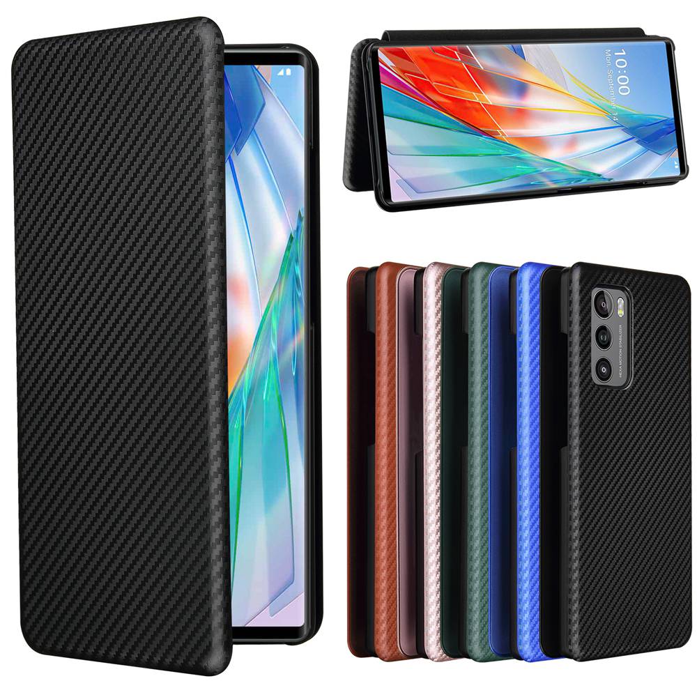 หรูหราคาร์บอนไฟเบอร์หนัง ปู่ ปลอก for LG Wing 5G ฝาครอบกระเป๋าสตางค์กรณีผู้ถือบัตรยืน