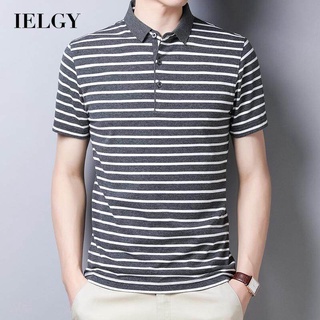 Ielgy เสื้อโปโล แขนสั้น ลายทาง สไตล์บอททอม สําหรับผู้ชาย