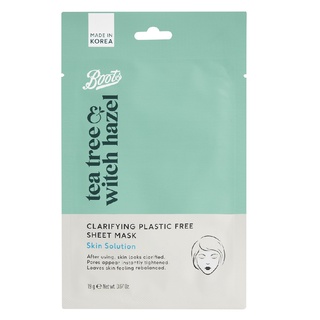 Boots Tea Tree &amp; Witch Hazel Clarifying Plastic Free Sheet Mask Skin Solution 19G บู๊ทส์ ที ทรี แอนด์ วิช ฮาเซล คลาริฟายอิ้ง พลาสติก ฟรี ชีท มาสก์ สกิน โซลูชั่น 19กรัม