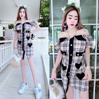 J15267 Dress เดรสคอกว้าง BBR แต่งกระดุมเฉียงปักหัวใจ