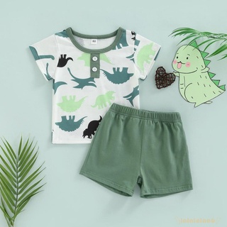 LAA6-Baby Boys Summer Short Set, Short Sleeve Dinosaur Print T-shirt with Elastic Waist Shorts