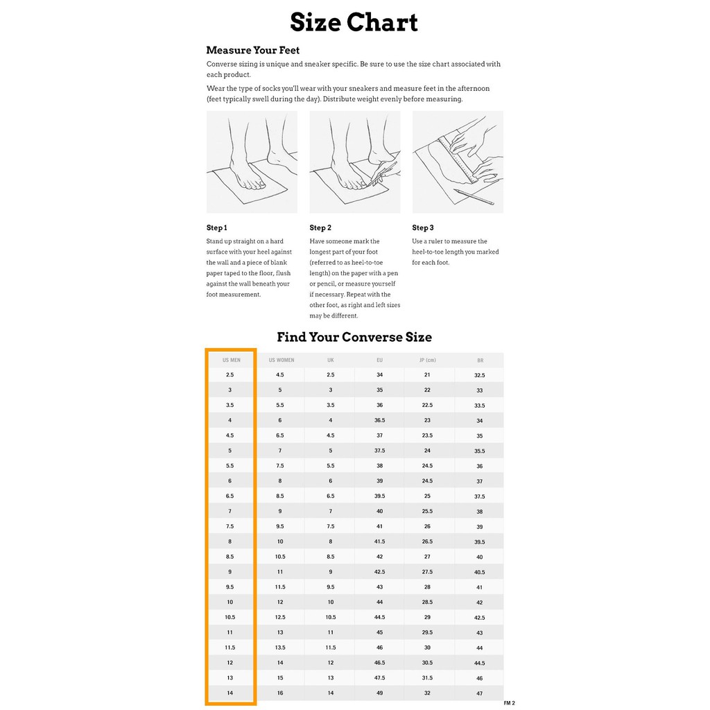 converse chuck 70 size chart