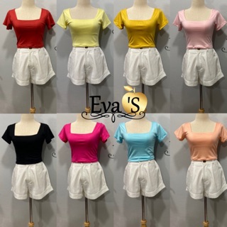 Eva’S Sale 56 บาท เสื้อครอปคอเหลี่ยมแขนสั้น เสื้อครอปสายฝ. เสื้อครอปผ้าเรยอน