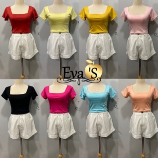 Eva’S Sale 56 บาท เสื้อครอปคอเหลี่ยมแขนสั้น เสื้อครอปสายฝ. เสื้อครอปผ้าเรยอน