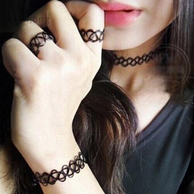 Stretch Tattoo Choker Necklace Set Retro Gothic Punk Elastic