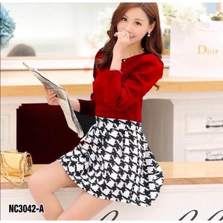 NC3042-A Set 2 ชิ้น เสื้อแขนยาว แต่งแขนตุ๊กตา + กระโปรงลายชิโนริ