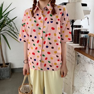 KR pinky dot เสื้อเชิ้ตแขนสั้นลายจุด