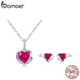 Bamoer สร้อยคอ ต่างหู เงินแท้ 100% 925 สีแดง CZ SCN313