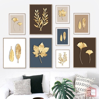 Raby Modern golden plant leaf ภาพจิตรกรรมบนผ้าใบสําหรับติดตกแต่งผนังบ้าน