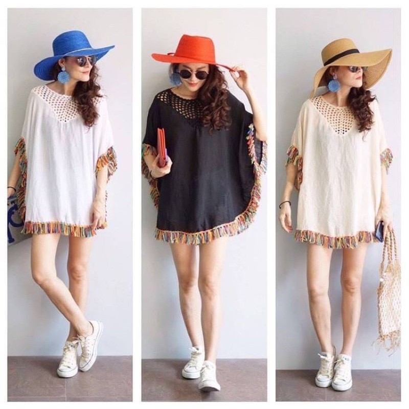 พร้อมส่ง มินิเดรสโบฮีเมียน แต่งพู่สีฟรุ้งฟริ้ง ชุดไปทะเล คลุมบิกินี่ คลุมชุดว่ายน้ำ