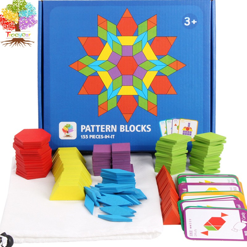 Treeyear 155 Pcs Wooden Pattern Blocks Set Geometric Shape Puzzle Kindergarten Classic Educational M