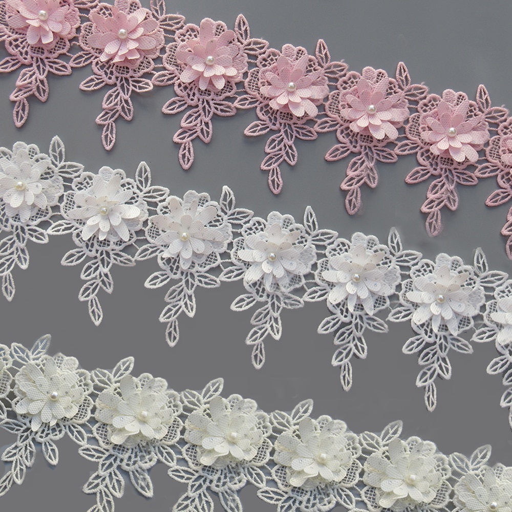 10ชิ้นดอกไม้มุกลูกปัดดอกไม้ผ้าฝ้ายใบขอบลูกไม้ริบบิ้นตัดขอบผ้าปัก ก pplique เย็บหัตถกรรมชุดเสื้อผ้า