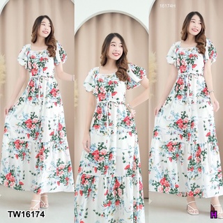 TwinsShopVip💗พร้อมส่ง TW16174 Maxi dress แขนตุ๊กตาพองลายดอกช่อใหญ่สีขาว