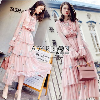 Lady Jill Printed Layered Pink Chiffon Dress