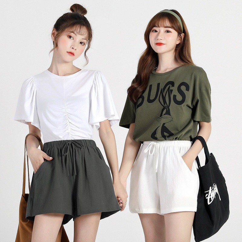 Janylucy 🐰 กางเกงขาสั้นผ้าฝ้าย กางเกงวินเทจ S-XL เอวยางยืด มีเชือกรัด 🌈