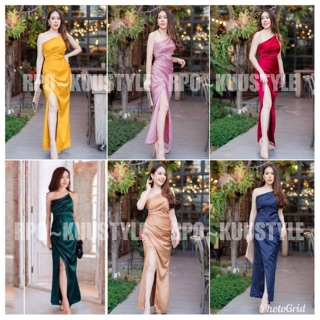 ชุดราตรีบ่าเดี่ยวสปาเก้ตตี้ผ่าเว้าหน้า เนื้อผ้าซาร่าเงาสวยมาก