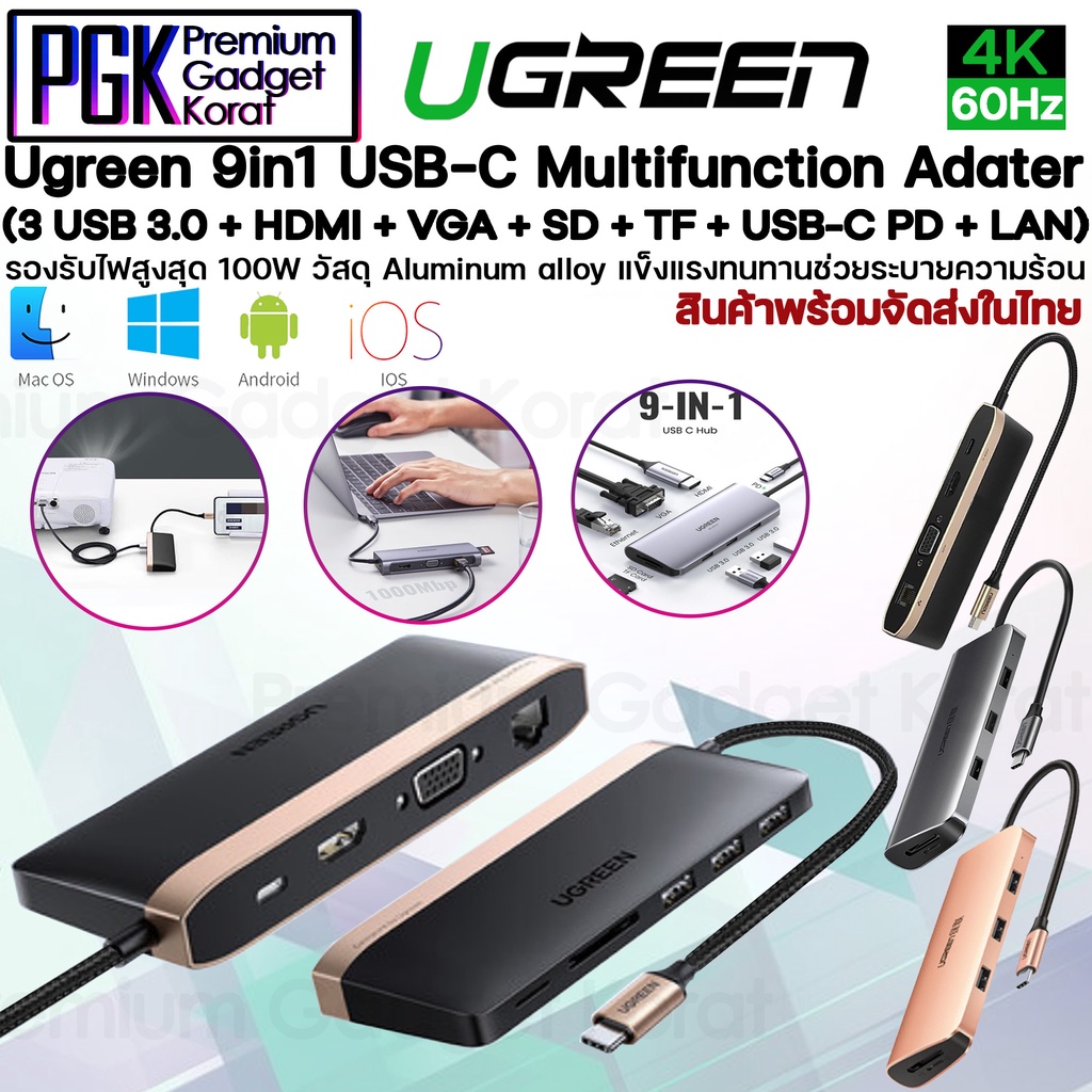 ของแท้ Ugreen 9 in 1 Type C Adapter to 9 Port HDMI , VGA , Lan , USB , Charge , SD Card , TF  ครบจบ 