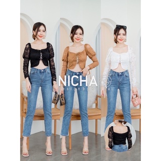 NICHA Online🛒🦋ครอปแขนยาว ผ้าลูกไม้ สานอก  ผูกโบว์ที่แขน มีซับใน สายฝอห้ามพลาดด 🔥🔥🔥🔥