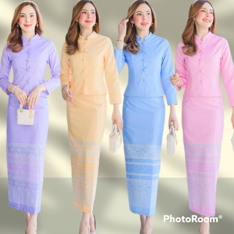 ชุดไทยจิตรลดา ชุดset 2ชิ้นเสื้อ+ผ้าถุงสำเร็จทรงจิตรลดา ผ้าไหมญี่ปุ่นลายไทย ชุดทำงาน ชุดทำบุญต่างๆ งา