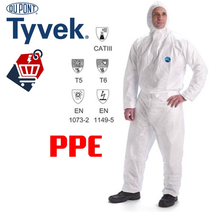 SALE !! *แท้ Dupont TYVEK Type 5/6 ชุดป้องกันส่วนบุคคล PPE ชุดป้องกันสารเคมี ขาว XL *พร้อมส่ง