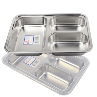   ถาดใส่อาหาร ถาดหลุม 3 ช่อง มีฝาปิด ทรงสี่เหลี่ยม รุ่น Food-Stainless-Steel-tray-3holes-Cover-00h-June-Beam