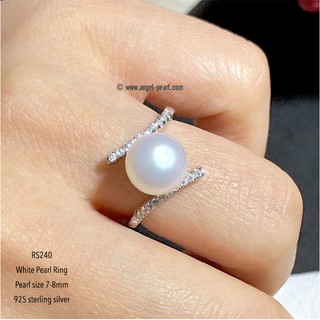 [RS240] แหวนไข่มุกแท้สีขาว ขนาด 7-8mm แต่งเพชร CZ