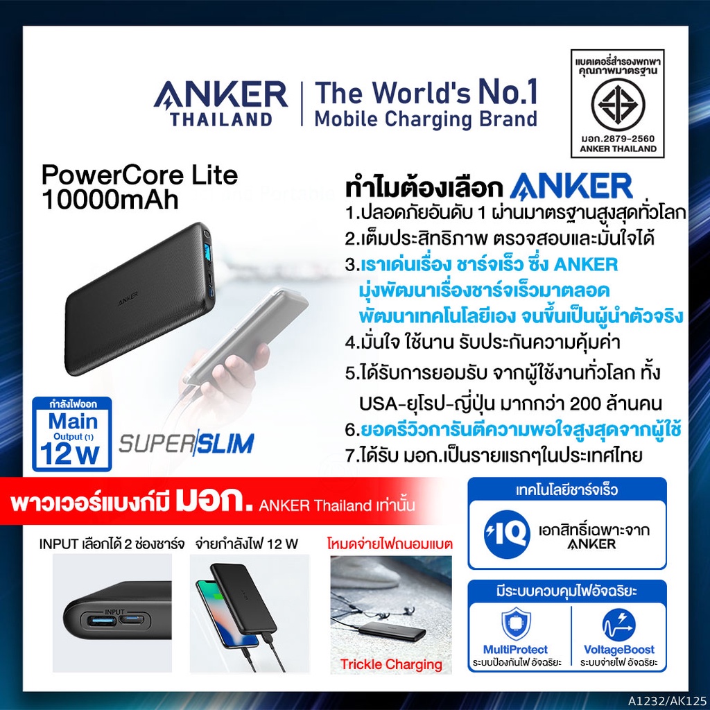 พาวเวอร์แบงค์ ชาร์จเร็ว powerbank fast charge[Output USB 12W] Anker PowerCore Lite 10000 Black ขนาดบางและเบา ชาร์จเร็ว ใ