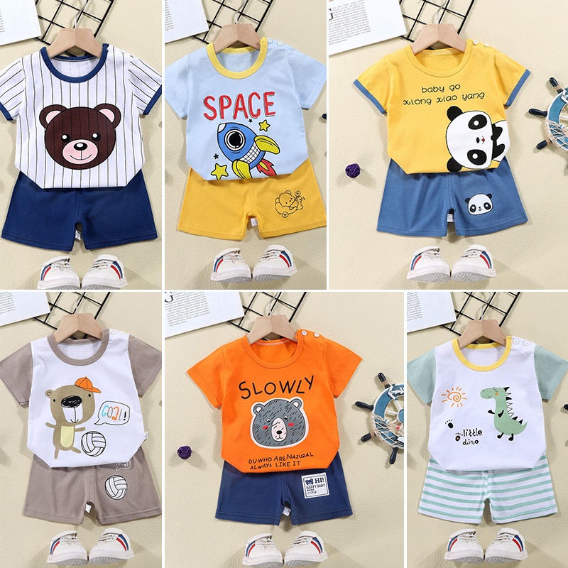 Mini set ชุด Set เสื้อผ้าเด็กผู้ชาย ผ้าเนื้อนิ่ม สีสันสดใส ลายน่ารัก ได้ 2 ชิ้น เสื้อแขนสั้น คู่กางเกงขาสั้นเข้าเซ็ต