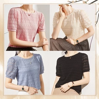 QKshop ✨เสื้อแฟชั่นคอกลมแขนตุ๊กตาแขนสั้น แต่งลายลูกไม้ทั้งตัว สีพื้น มีให้เลือกหลาหลายสี ใส่ได้ทุกวัย ใส่เที่ยวใส่ทำงานก