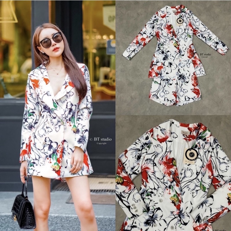🎀ถูกที่สุด🎀Set งานป้ายBT เซต2ชิ้นเซ็ทเสื้อและกางเกงขาสั้น Blazer เบรเซอร์ชุดเดรสสูทสีขาว แขนยาว ลายด