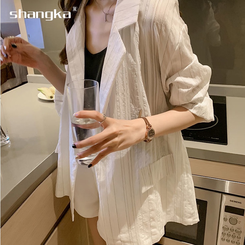 Blazer Oversized เสื้อเบลเซอร์ลายทางขนาดใหญ่ย้อนยุคกลางยาวบางเสื้อสูทหญิงเกาหลีอารมณ์อังกฤษชีฟองผ้าล