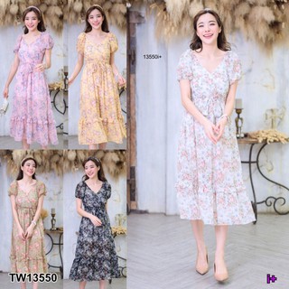 👗Pfashion [ส่งไว!!🚛] P13550 เดรสยาวแขนตุ๊กตาชายต่อระบาย+ที่คาดผม ลายดอกไม้