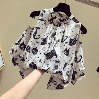 เสื้อท็อปแขนสั้นเปิดไหล่ผ้าชีฟองพิมพ์ลายแมวดอกไม้เซ็กซี่ M~4Xl สีขาว / สีดํา