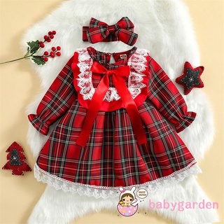 Babygarden- ชุดเดรส คอกลม แขนยาว ทรงเอ แต่งลูกไม้ ลายสก๊อตคริสต์มาส พร้อมที่คาดผม สําหรับเด็กผู้หญิง อายุ 6 เดือน - 4 ปี