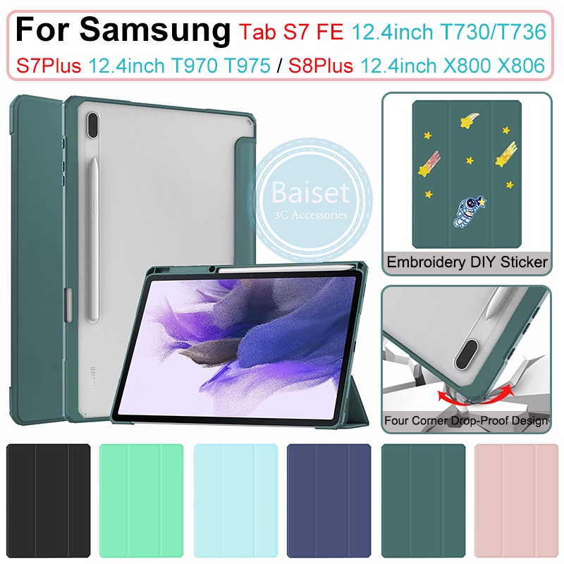เคสหนัง อะคริลิคใส บางมาก กันกระแทก พร้อมช่องใส่ปากกา สําหรับ Samsung Tab S7 FE T730 T736 T735 S7 Plus T970 T975 S8 Plus X800 X806 12.4 นิ้ว