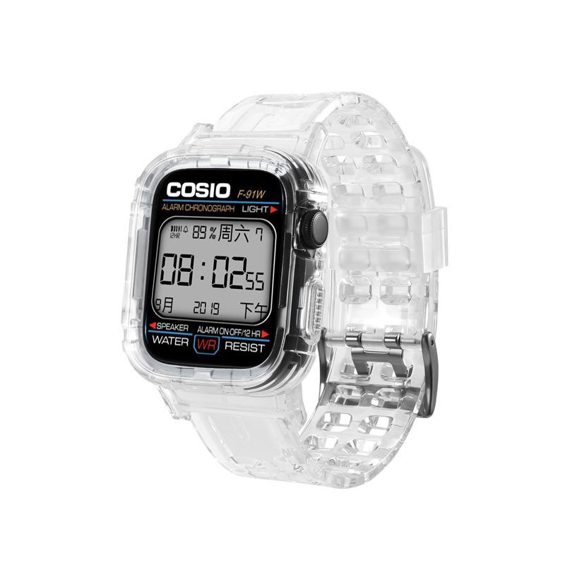 นาฬิกาคู่ ชาย-หญิง Casio สำหรับ AppleWatch Series สายรัดใส 6 SE /5/4/3/2/1 หัวเข็มขัดตัวเดิมของ เข็มกลัดผีเสื้อสายโลหะสำ