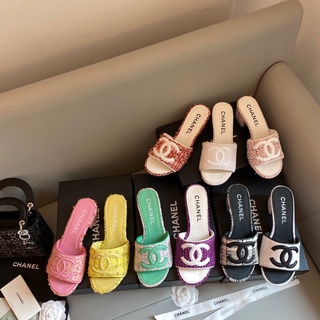 พรี ราคา3600 CHANEL 2022ss Mules 1cm รองเท้าผู้หญิง Fabric รองเท้าแตะส้นแบน Size35-41