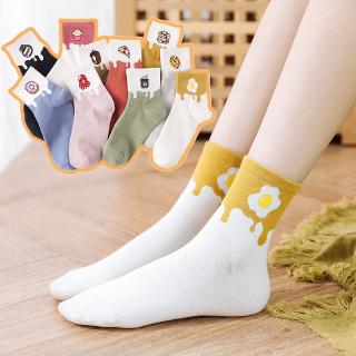 Korean Ins Cute Food Print Women Socks Cartoon Colorful Long Crew Female Cotton Socks Donuts Pizza Cake Eggs Pattern Funny Socks