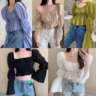 พร้อมส่ง เสื้อครอปคอเหลี่ยม ผ้าดี เสื้อปาดไหล่ แขนยาว จั๊มข้อแขนน่ารักมากๆ เสื้อเอวลอย