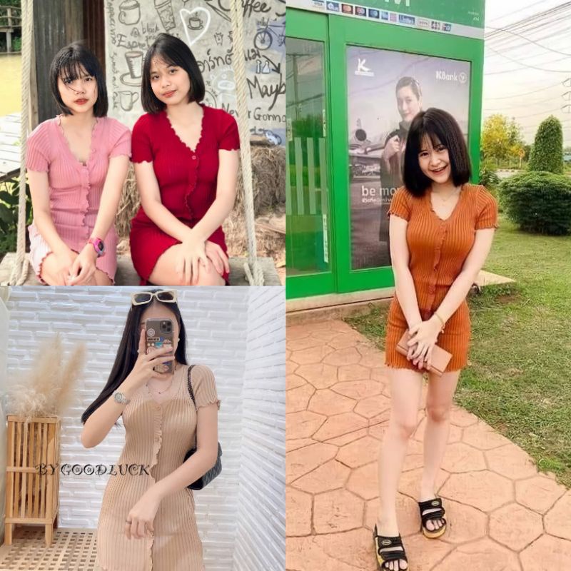 🌈SpinnyHouse🌈 มินิเดรส ผ้าไหมพรม ‼️งานตามหา ขายดีมาก‼️ทรงวีหน้าระบายผ้าร่องกระดุม  🌈รุ่น แซกระบาย E403A