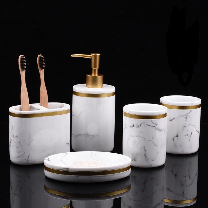 HH29 เซ็ตที่ใส่ของใช้ในห้องน้ำลายหินอ่อน 5ชิ้น C6-3
