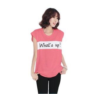 เสื้อยืดแขนล้ำ ผ้านุ่ม  สกรีนนูน ลาย Whats up (สีโอรส)