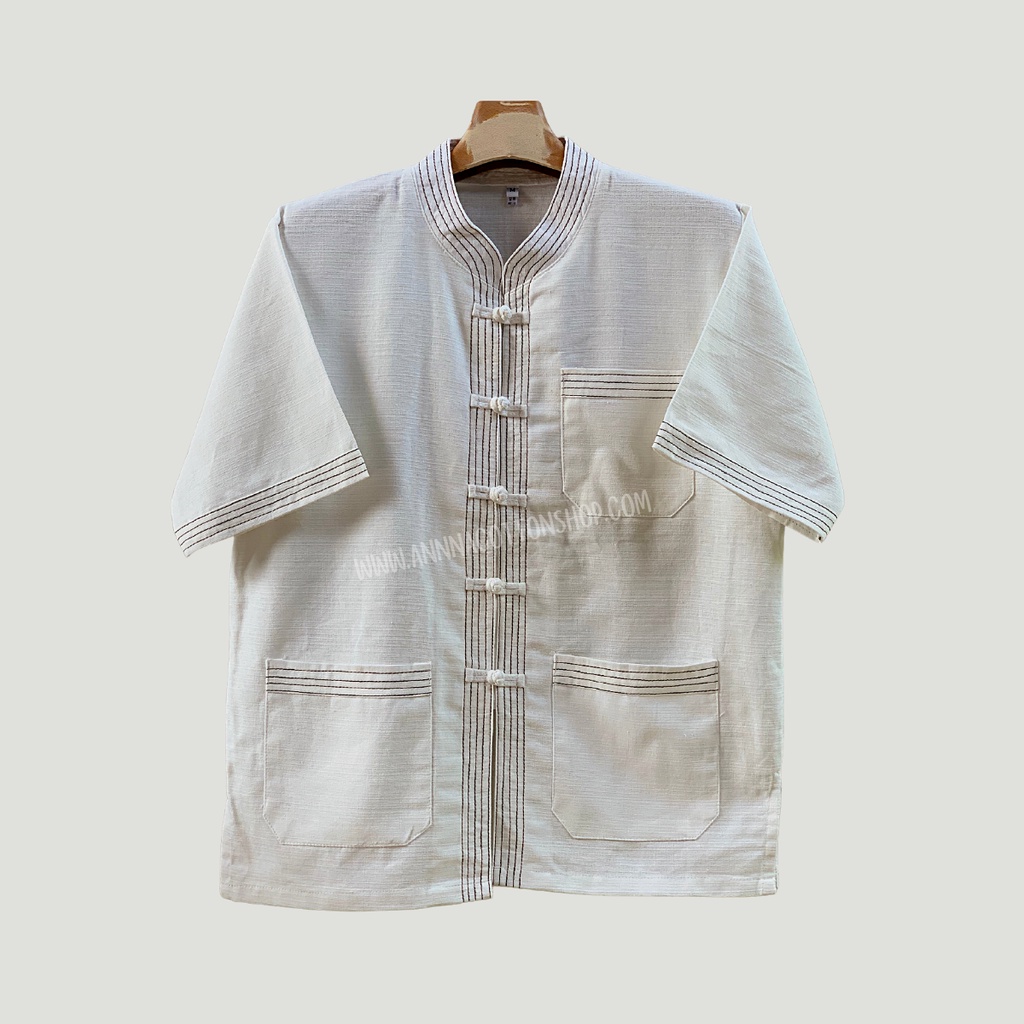 เสื้อคอจีนผ้าฝ้ายชินมัย ไทยองแขนสั้น เดินเส้นแนวล้านนา โบราณ งานประยุกต์สมัยใหม่ โดดเด่นมีเอกลักษณ์ สวมใส่สบาย