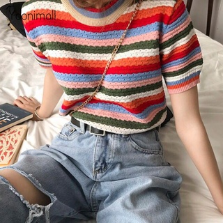 เสื้อยืดแขนสั้นผู้หญิงลายทางสีเกาหลีโชว์หน้าร้อนบาง ๆ